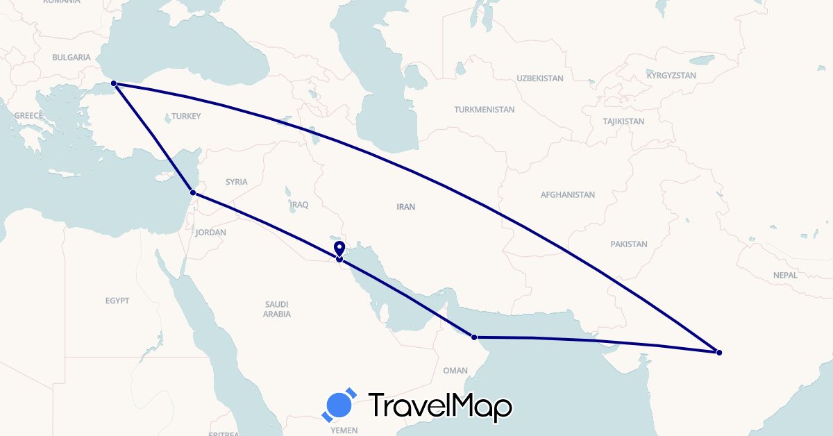 TravelMap itinerary: driving in India, Kuwait, Lebanon, Oman, Turkey (Asia)
